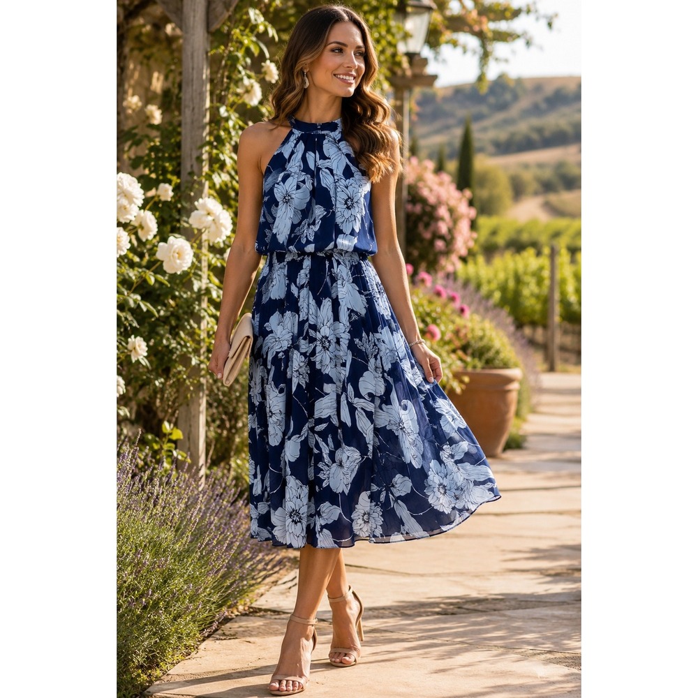 Eliza J Navy Blue Floral Halter Neck Blouson Pleated Chiffon Dress Size 8 - Picture 1 of 7